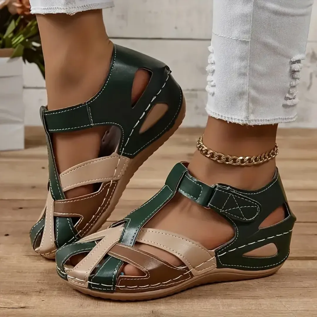 Airfleek Ankle Strap Colorblock Closed Toe Wedge Sandals