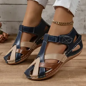 Airfleek Ankle Strap Colorblock Closed Toe Wedge Sandals