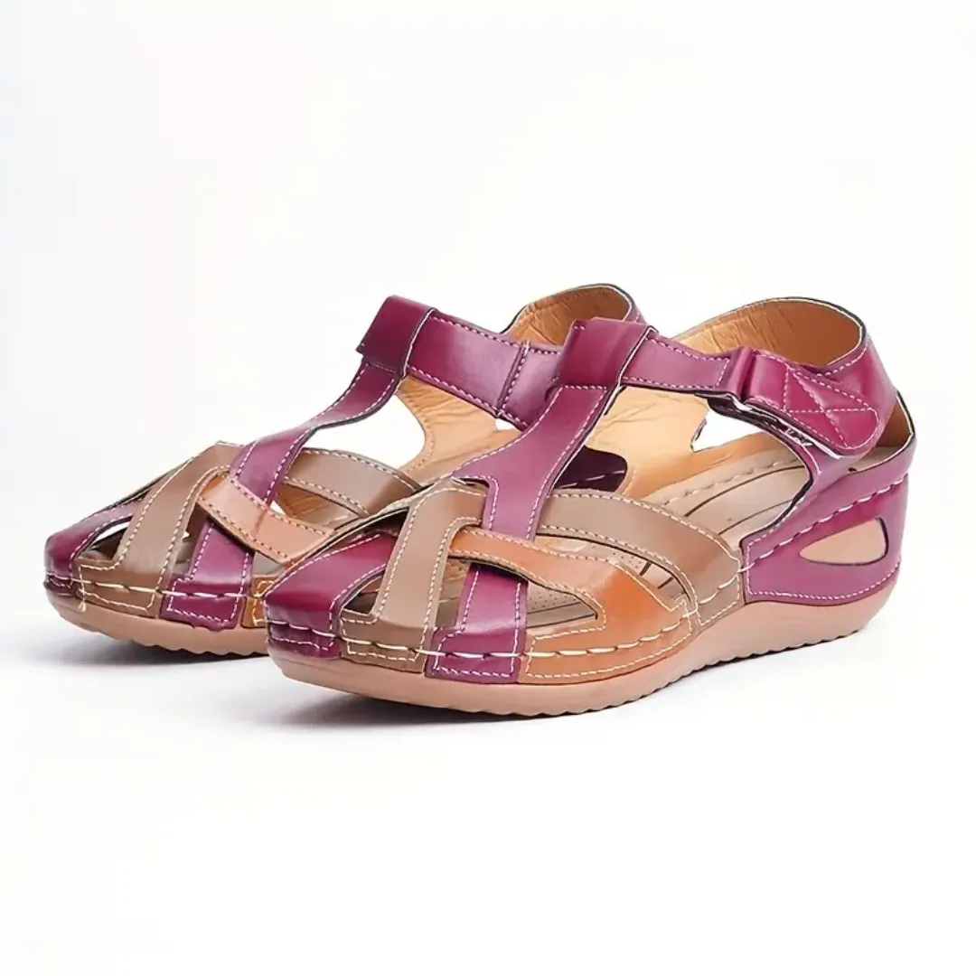 Airfleek Ankle Strap Colorblock Closed Toe Wedge Sandals