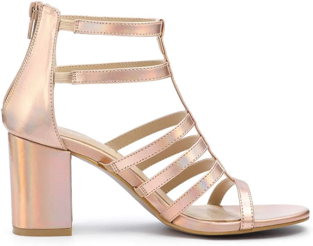 Allegra K Women's Cage Strappy Gladiators Chunky Heels Sandals