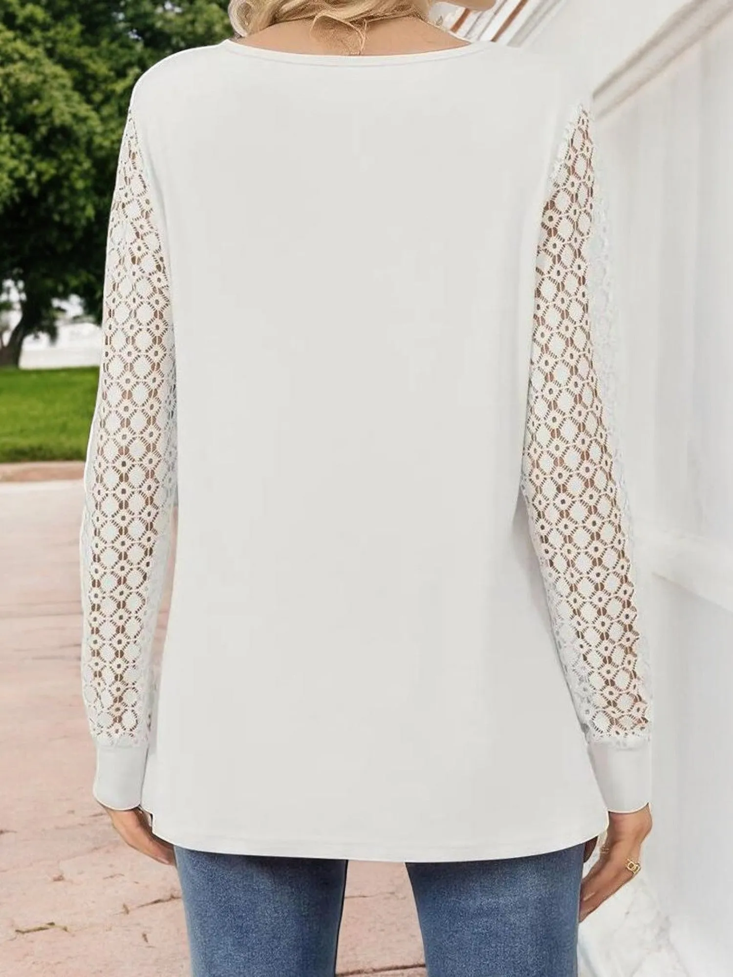 Anna-Kaci Women's Keyhole Cutout Top with Lace Sleeves and Relaxed Fit