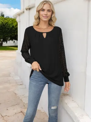 Anna-Kaci Women's Keyhole Cutout Top with Lace Sleeves and Relaxed Fit