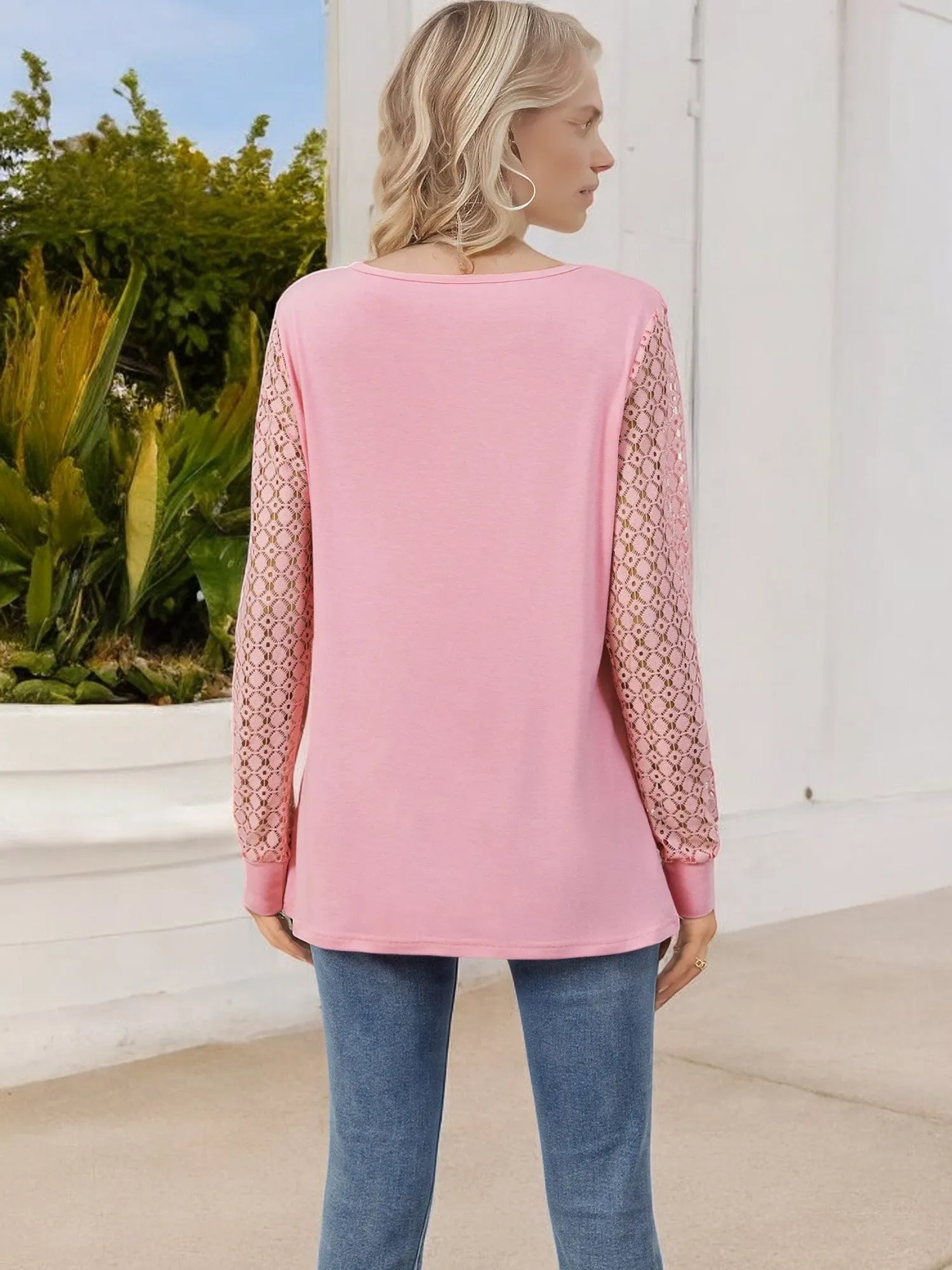 Anna-Kaci Women's Keyhole Cutout Top with Lace Sleeves and Relaxed Fit