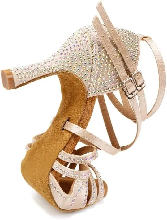 AOQUNFS Women Latin Dance Shoes Ballroom Rhinestones Salsa Practice Performance Dancing Shoes,Model D27-8.5cm