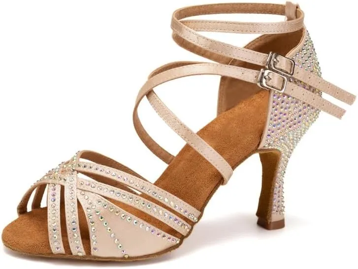 AOQUNFS Women Latin Dance Shoes Ballroom Rhinestones Salsa Practice Performance Dancing Shoes,Model D27-8.5cm