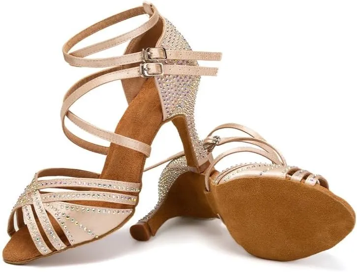 AOQUNFS Women Latin Dance Shoes Ballroom Rhinestones Salsa Practice Performance Dancing Shoes,Model D27-8.5cm