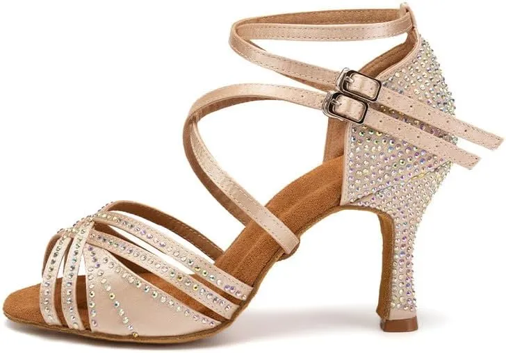 AOQUNFS Women Latin Dance Shoes Ballroom Rhinestones Salsa Practice Performance Dancing Shoes,Model D27-8.5cm