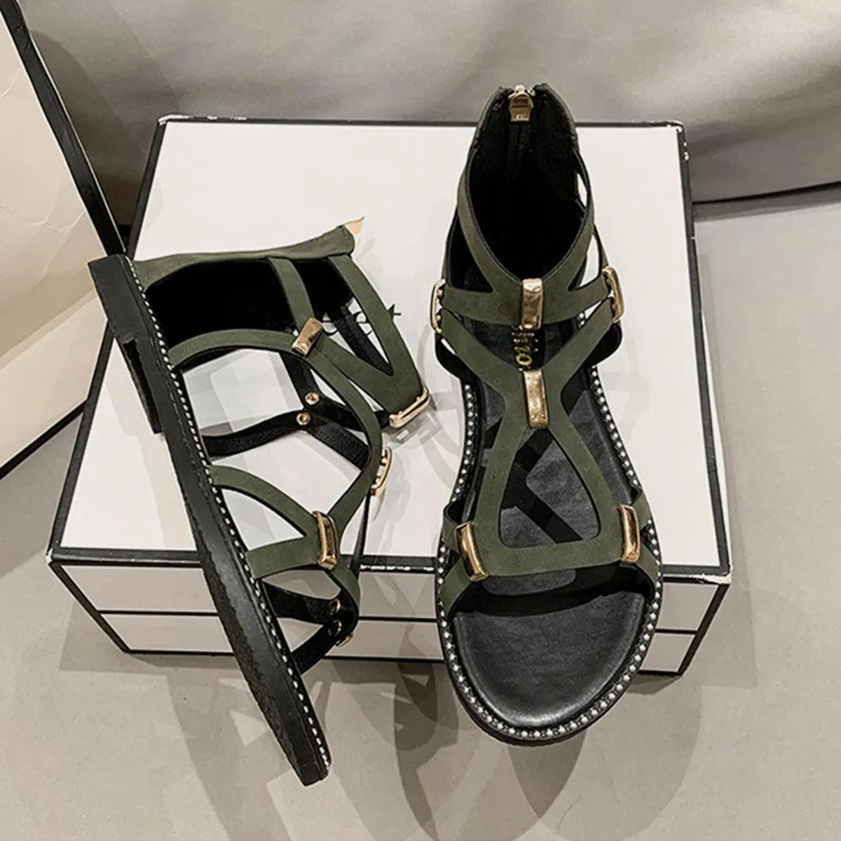 Back Zipper Closure Open Toe Flat Sandals