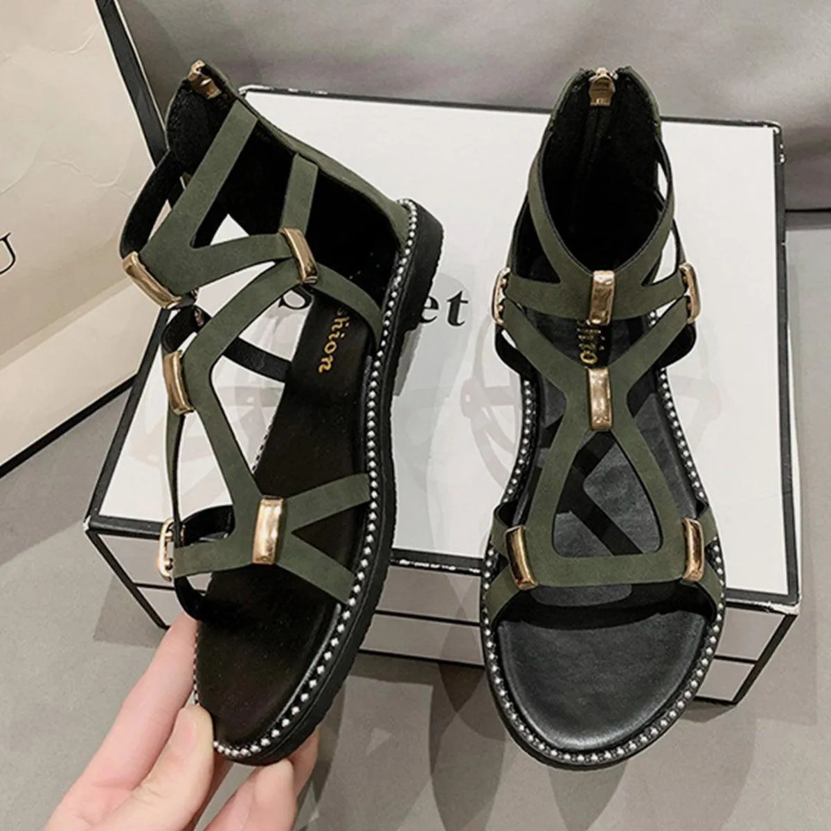 Back Zipper Closure Open Toe Flat Sandals