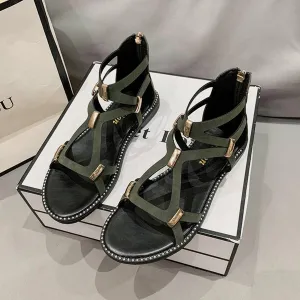 Back Zipper Closure Open Toe Flat Sandals