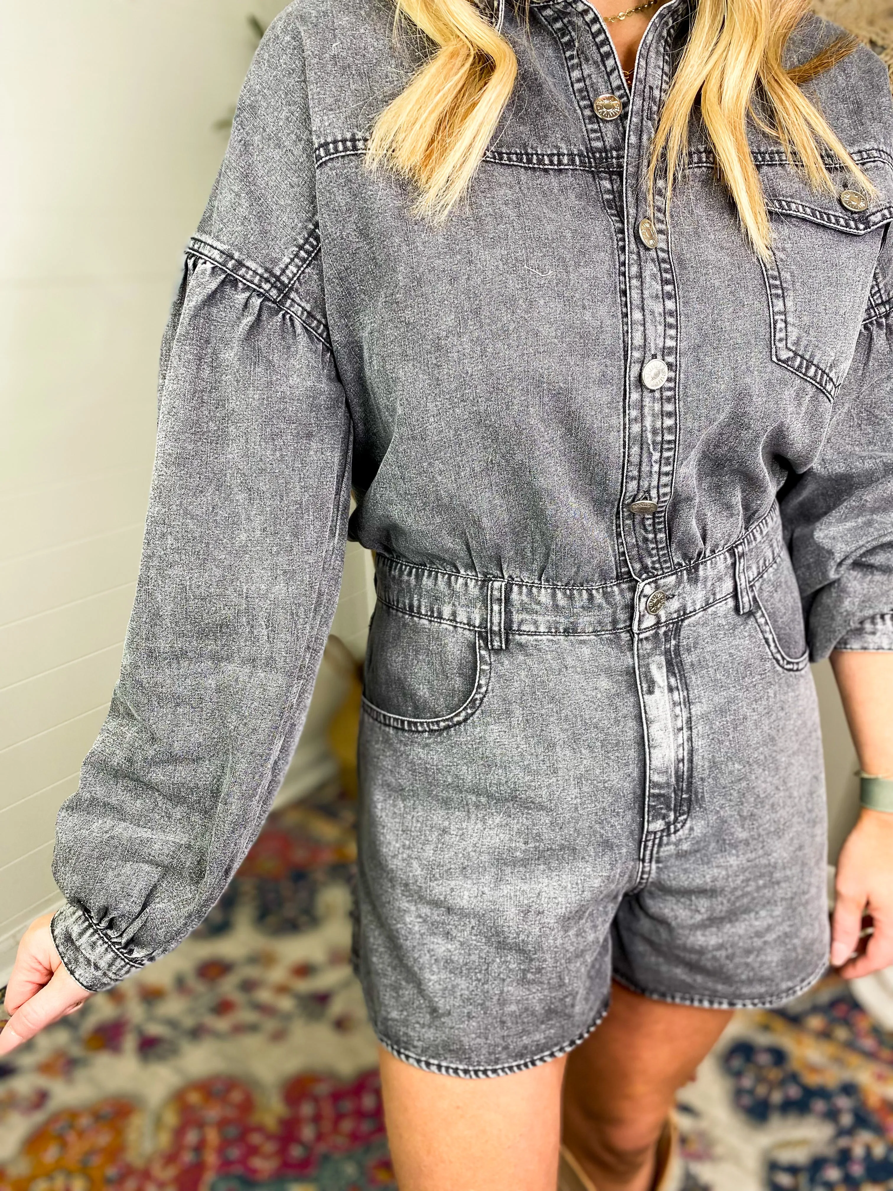 Balloon Sleeve Button Down Romper