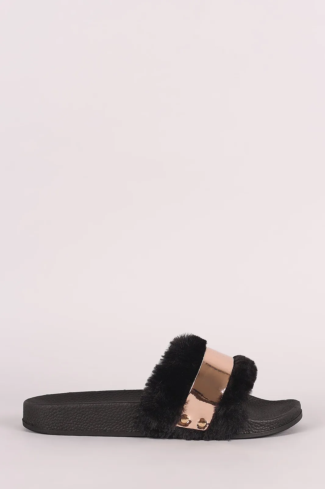 Bamboo Faux Fur Metallic Accent Open Toe Slide Sandal