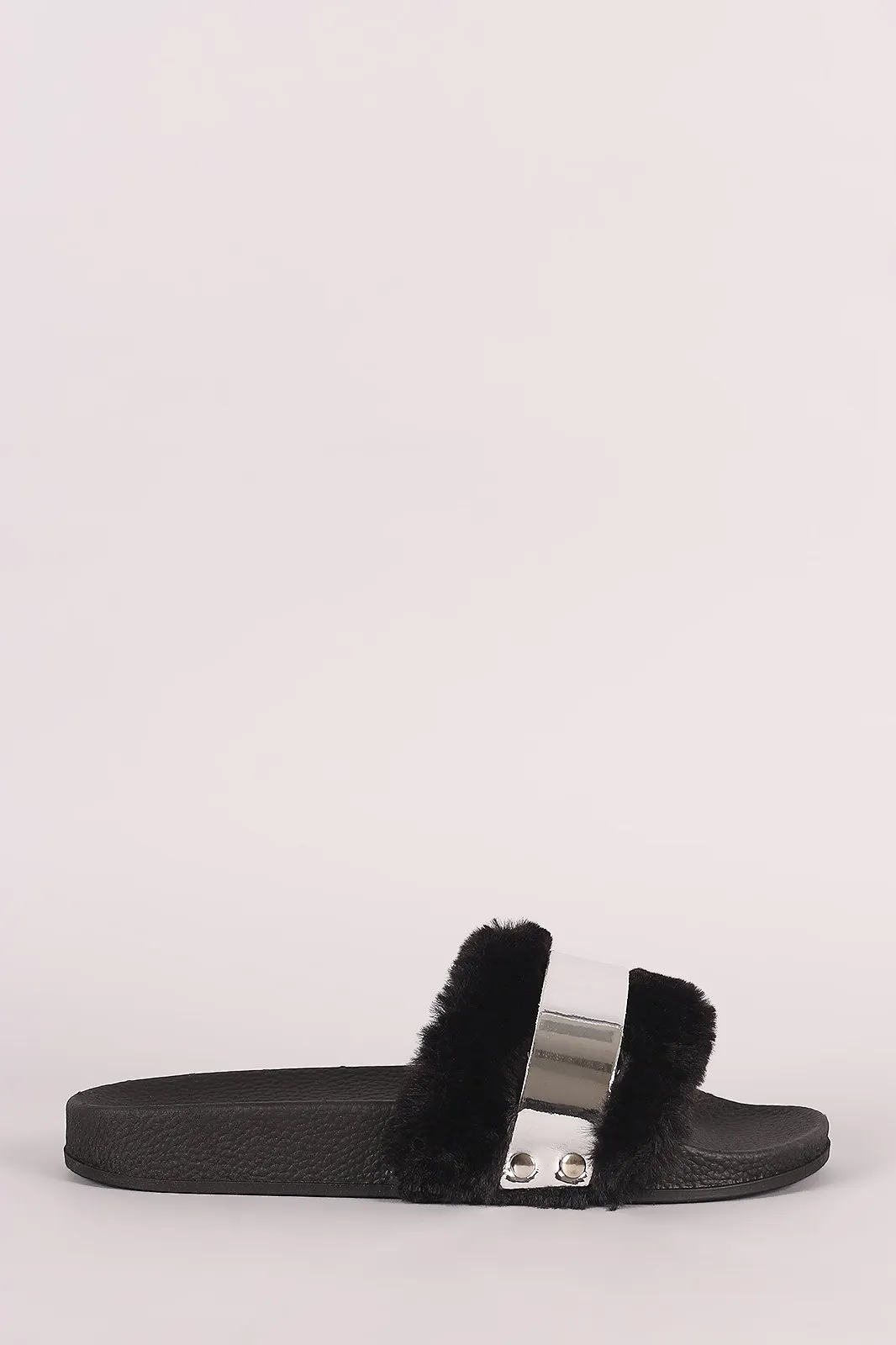 Bamboo Faux Fur Metallic Accent Open Toe Slide Sandal