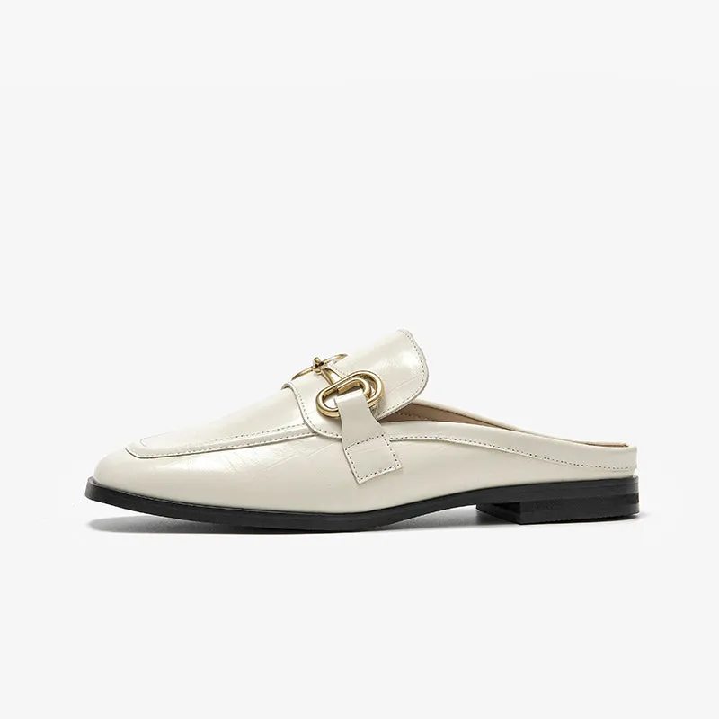 BeauToday Women's Genuine Cow Leather Loafer Flats with Horsebit in Beige