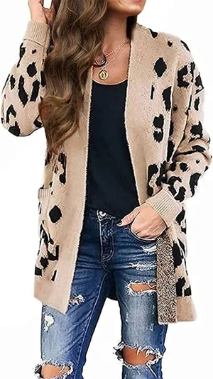 Beige Women's Open Front Leopard Knit Cardigan Sweaters Pockets Long Sleeve Outwear - MEROKEETY