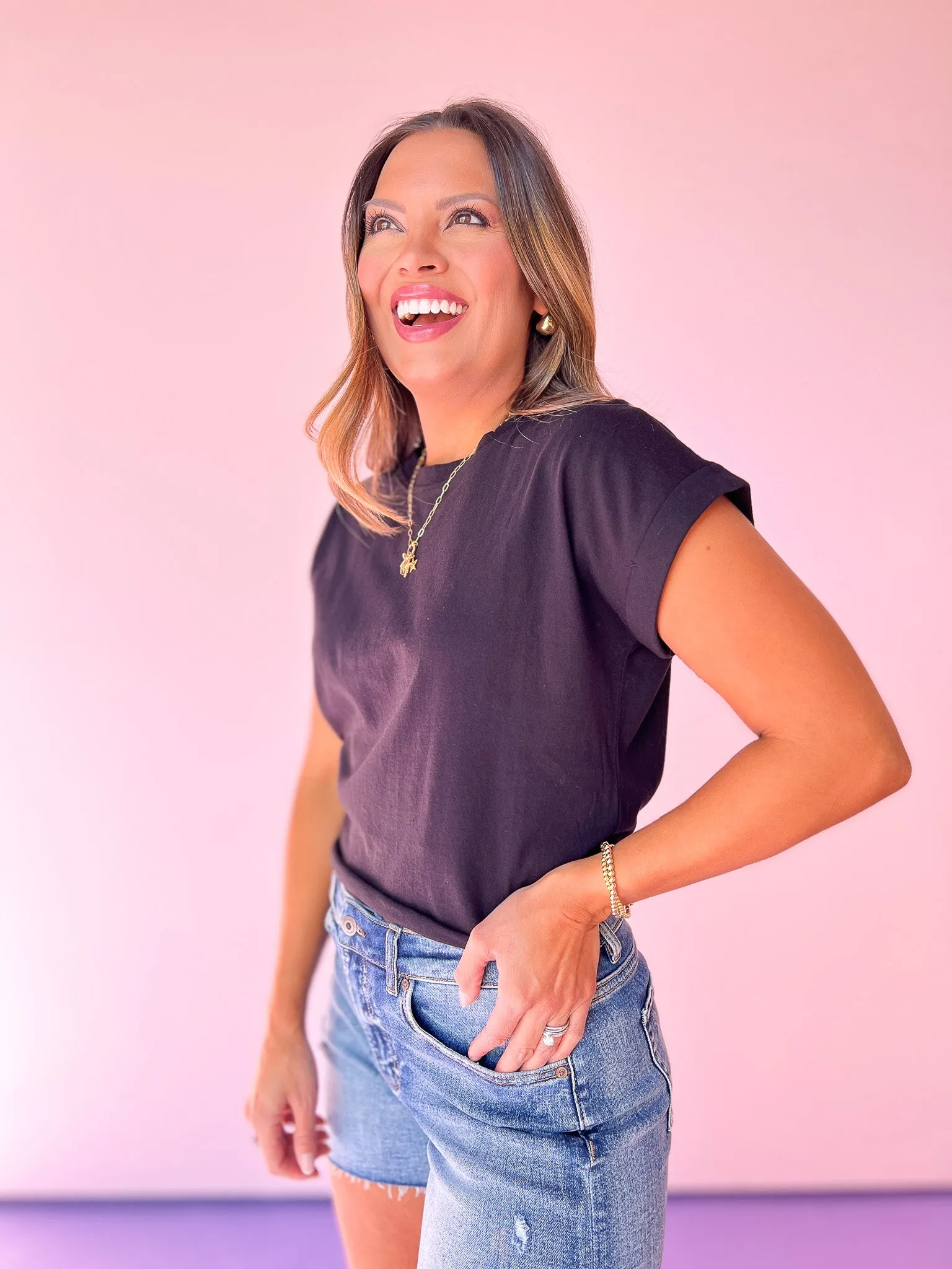 Black Folded Sleeve Top