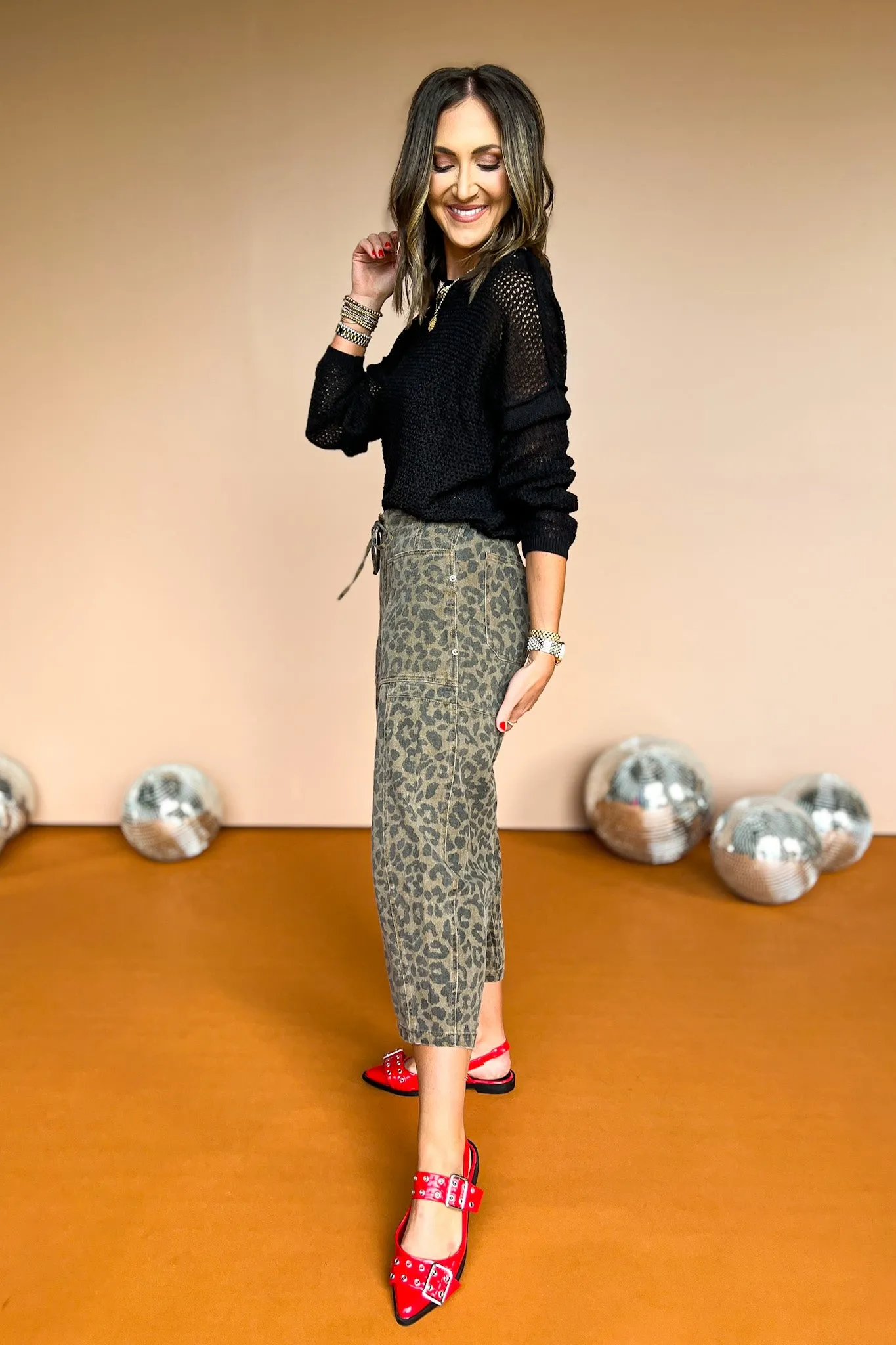 Brown Animal Print Elastic Self Tie Waist Cropped Barrel Pants