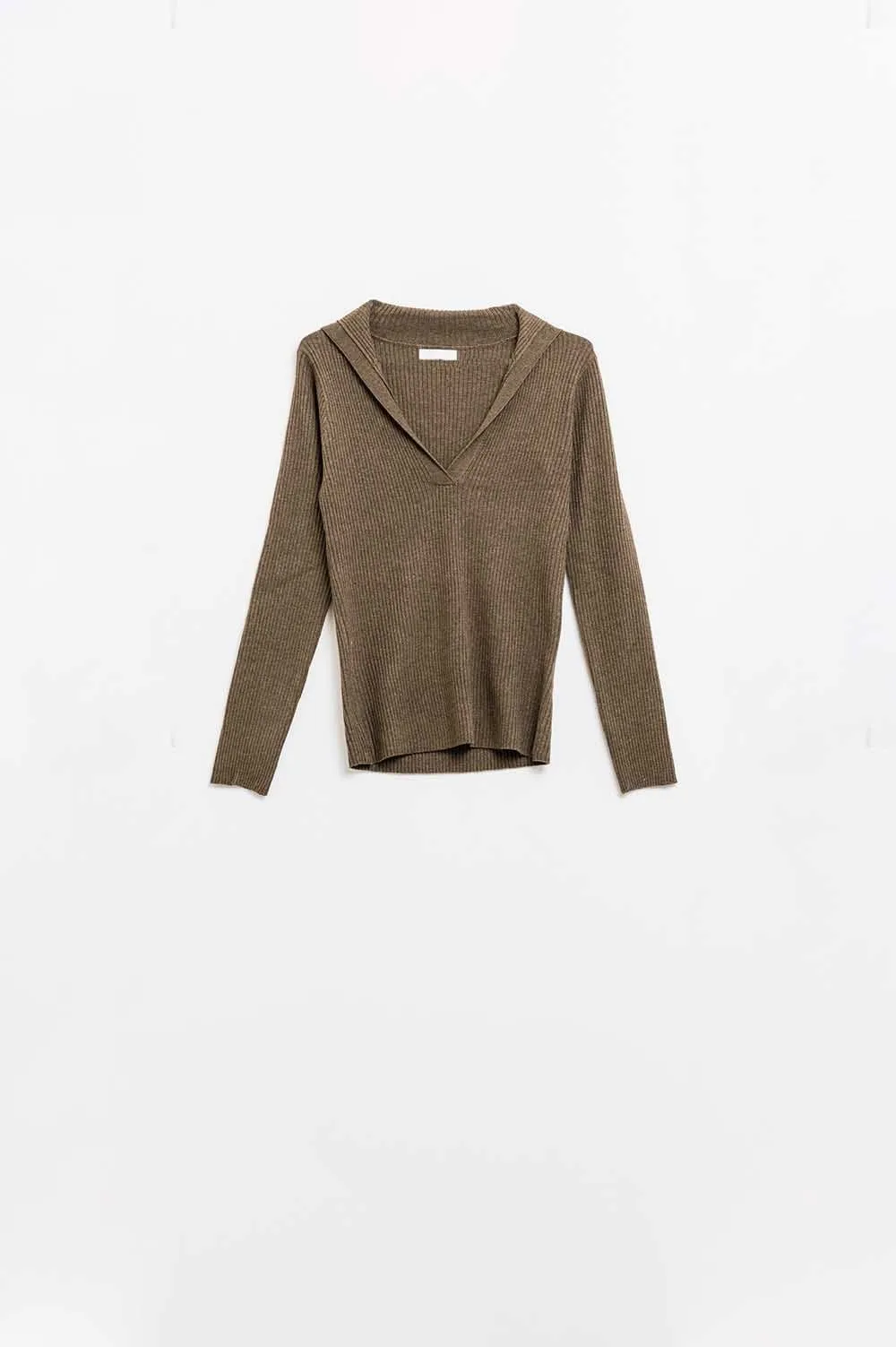 Brown Collared Rib Top With Long Sleeves