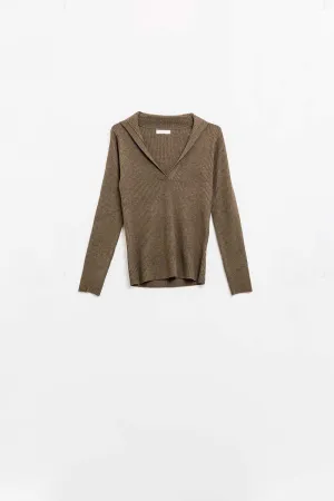 Brown Collared Rib Top With Long Sleeves