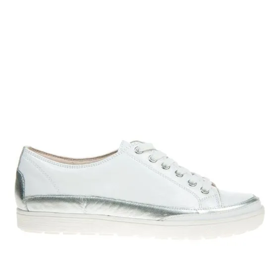 Caprice Leather Trainer in White and Silver