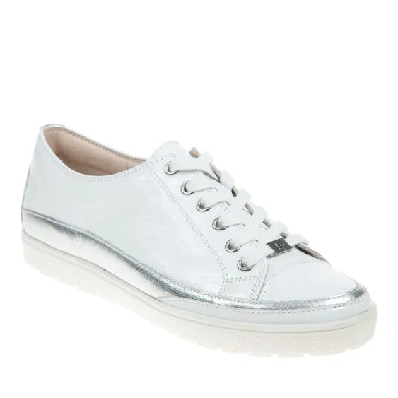Caprice Leather Trainer in White and Silver