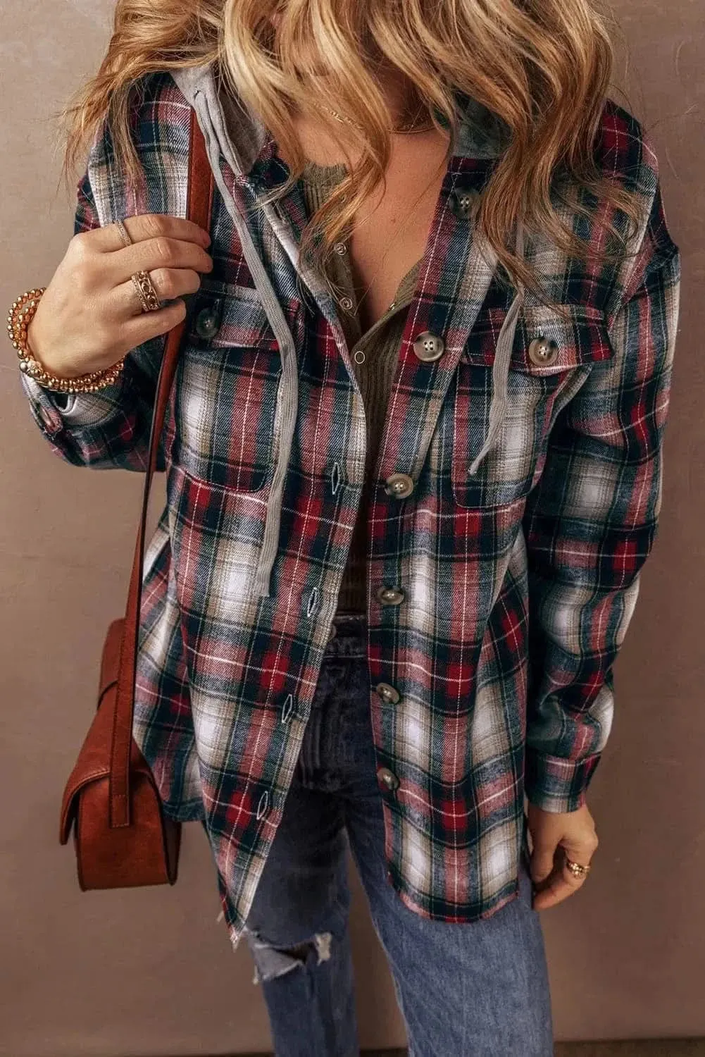 Casual plaid shacket with hood