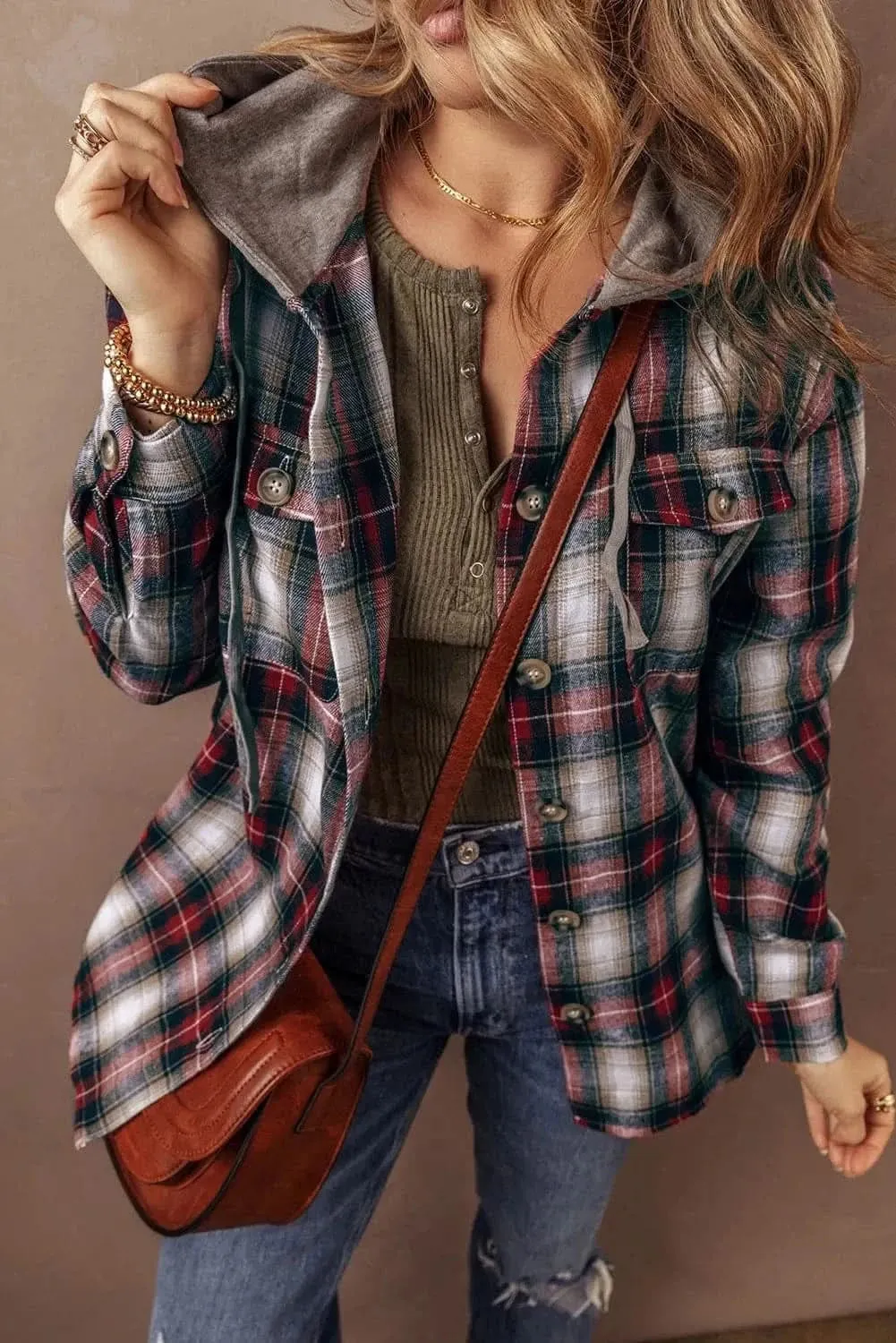 Casual plaid shacket with hood