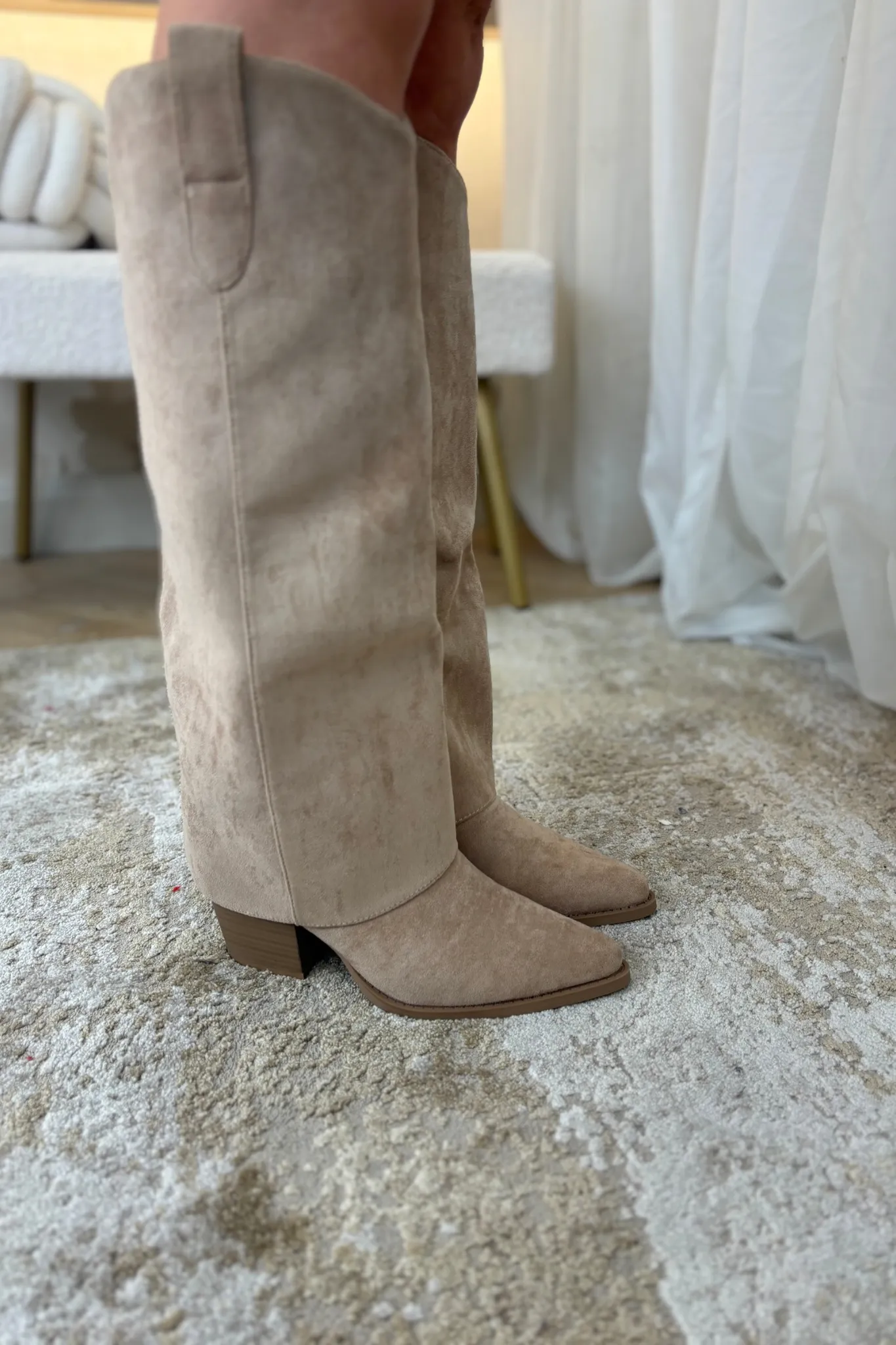 Cathy Faux Suede Foldover Boots In Neutral