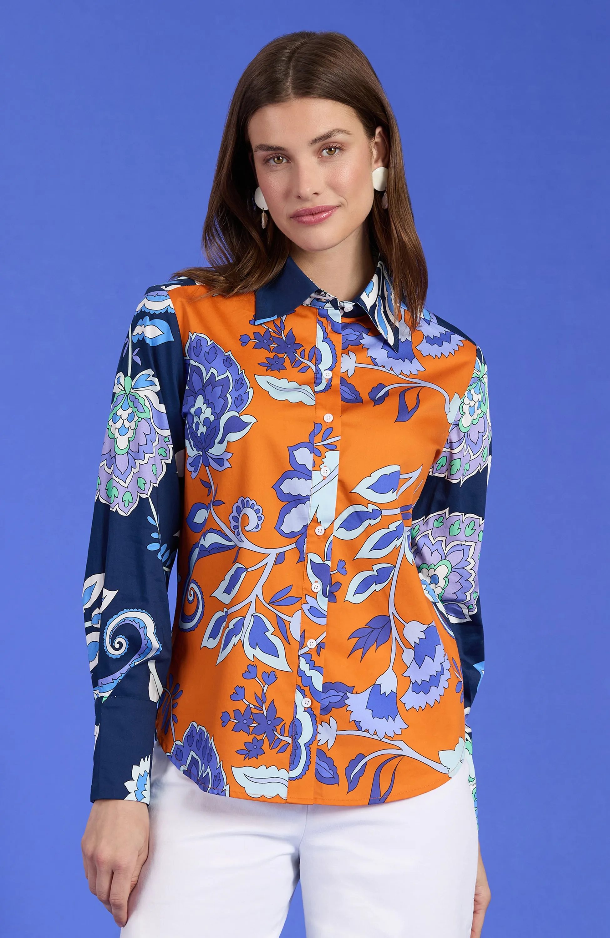 Chloe Cotton Print Shirt - Orange Sapphire Floral