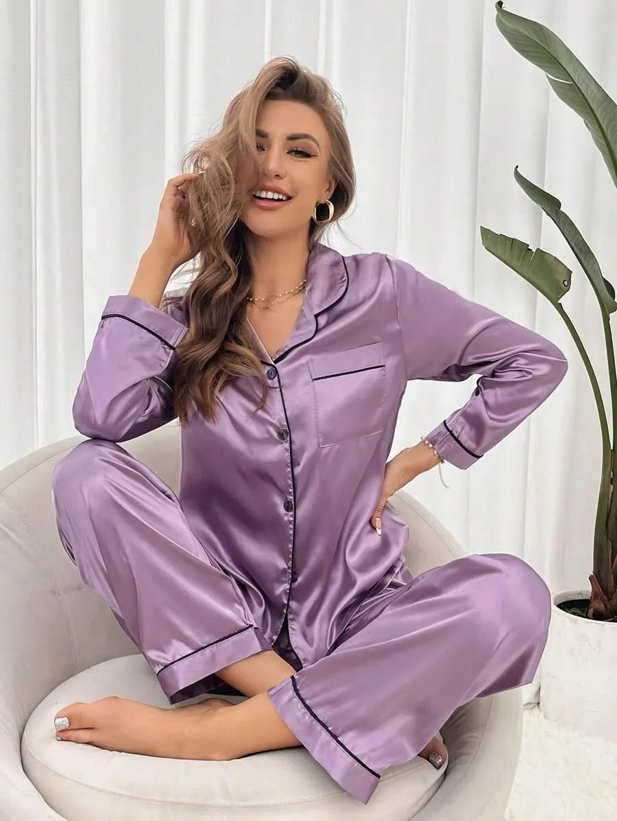 Contrast Satin Pajama Set  Elegant and Comfortable Pajama Set