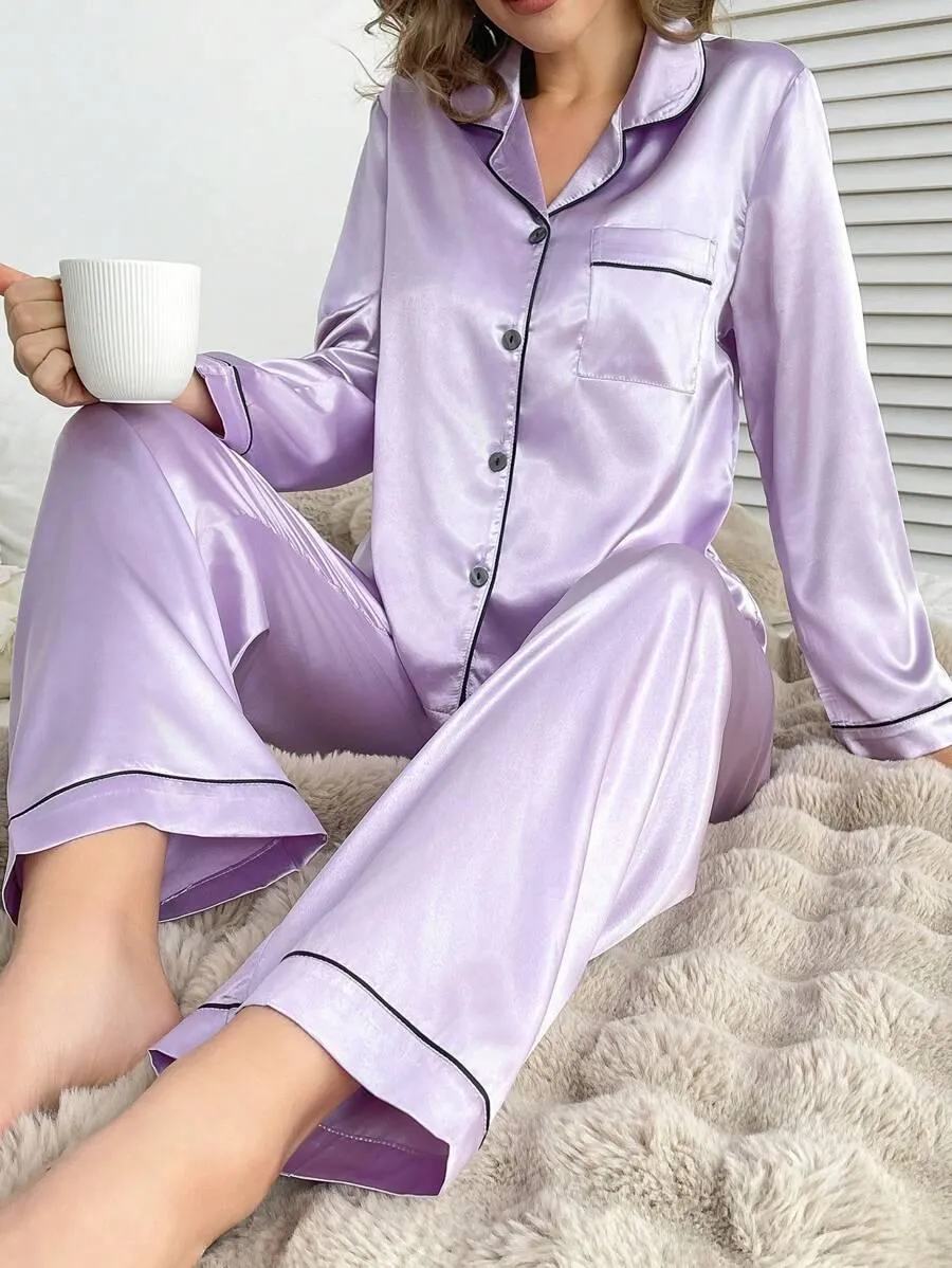 Contrast Satin Pajama Set  Elegant and Comfortable Pajama Set