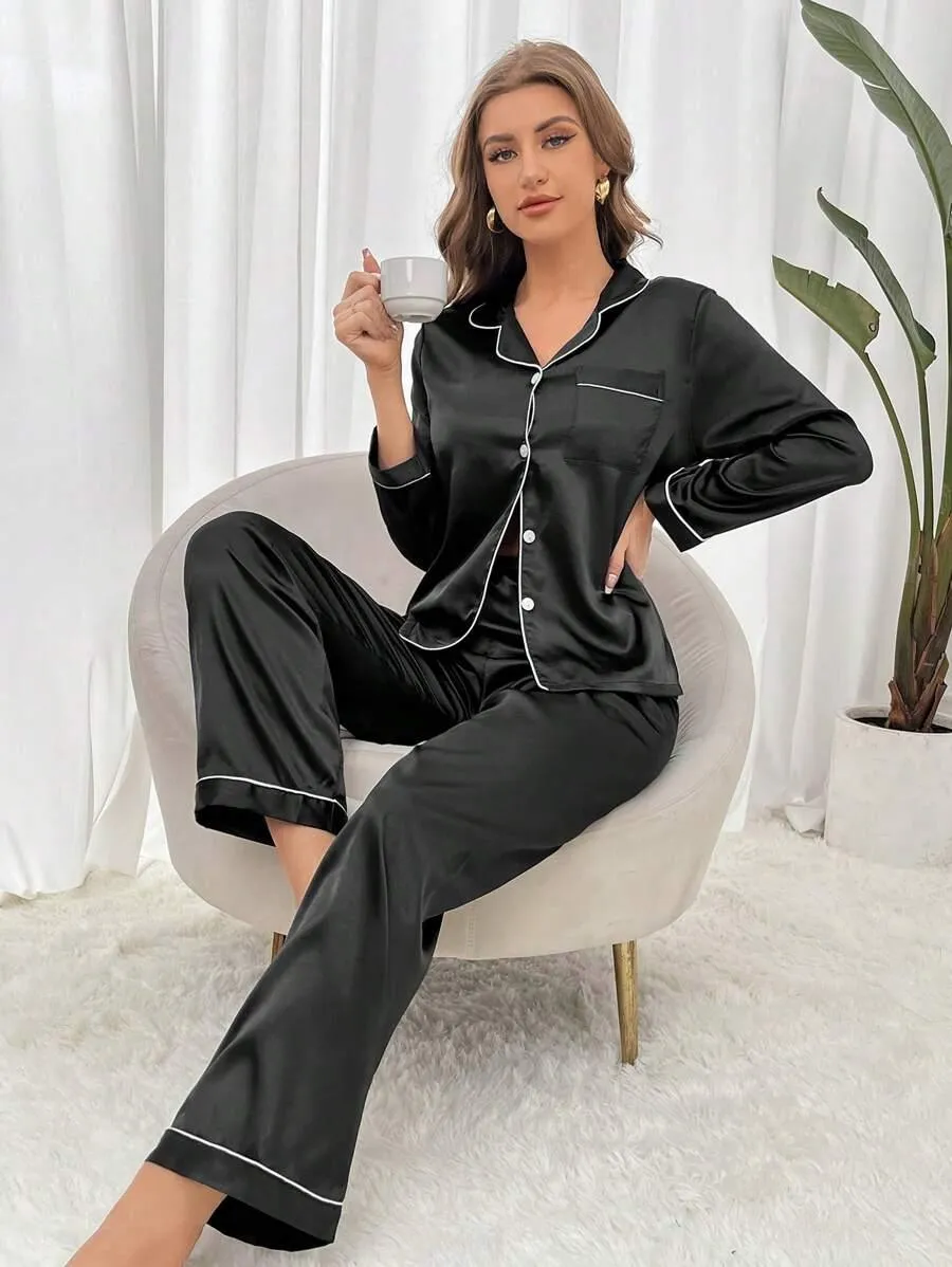 Contrast Satin Pajama Set  Elegant and Comfortable Pajama Set