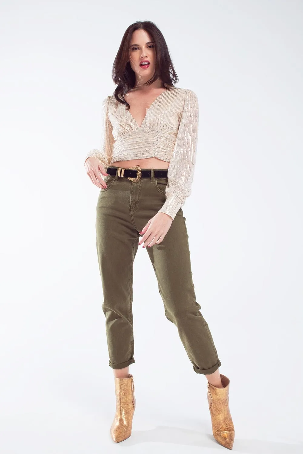 Cotton Mid Rise Slouchy Jean In Khaki Sepia