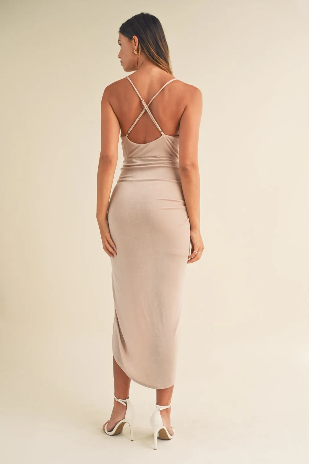 Elegant Nude Ruched Midi Dress