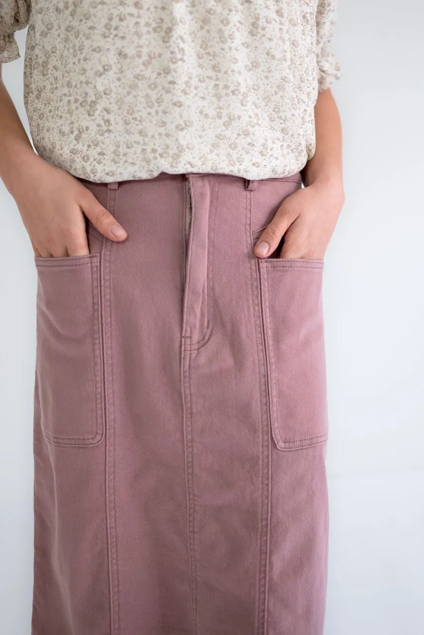 Hemsley Midi Denim Skirt in Muted Rosewood - FINAL SALE