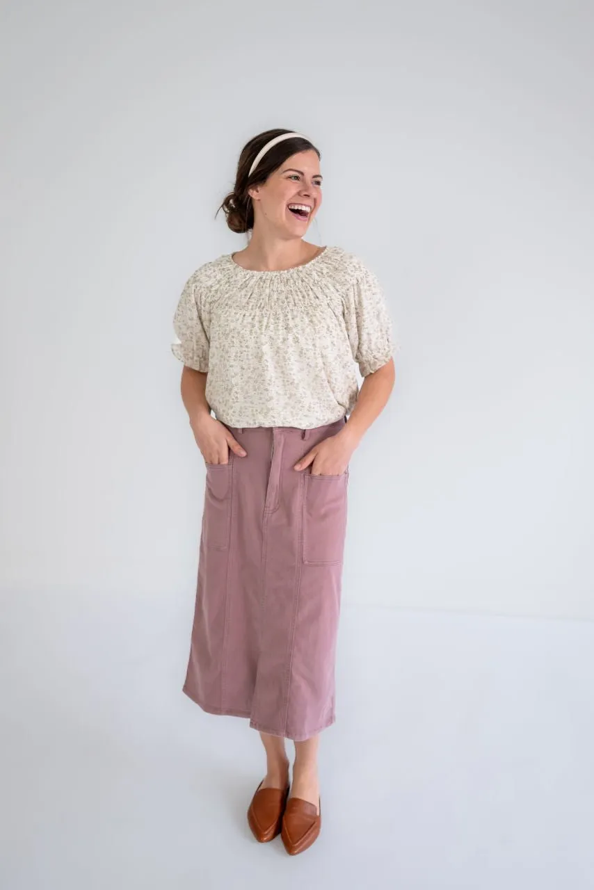 Hemsley Midi Denim Skirt in Muted Rosewood - FINAL SALE
