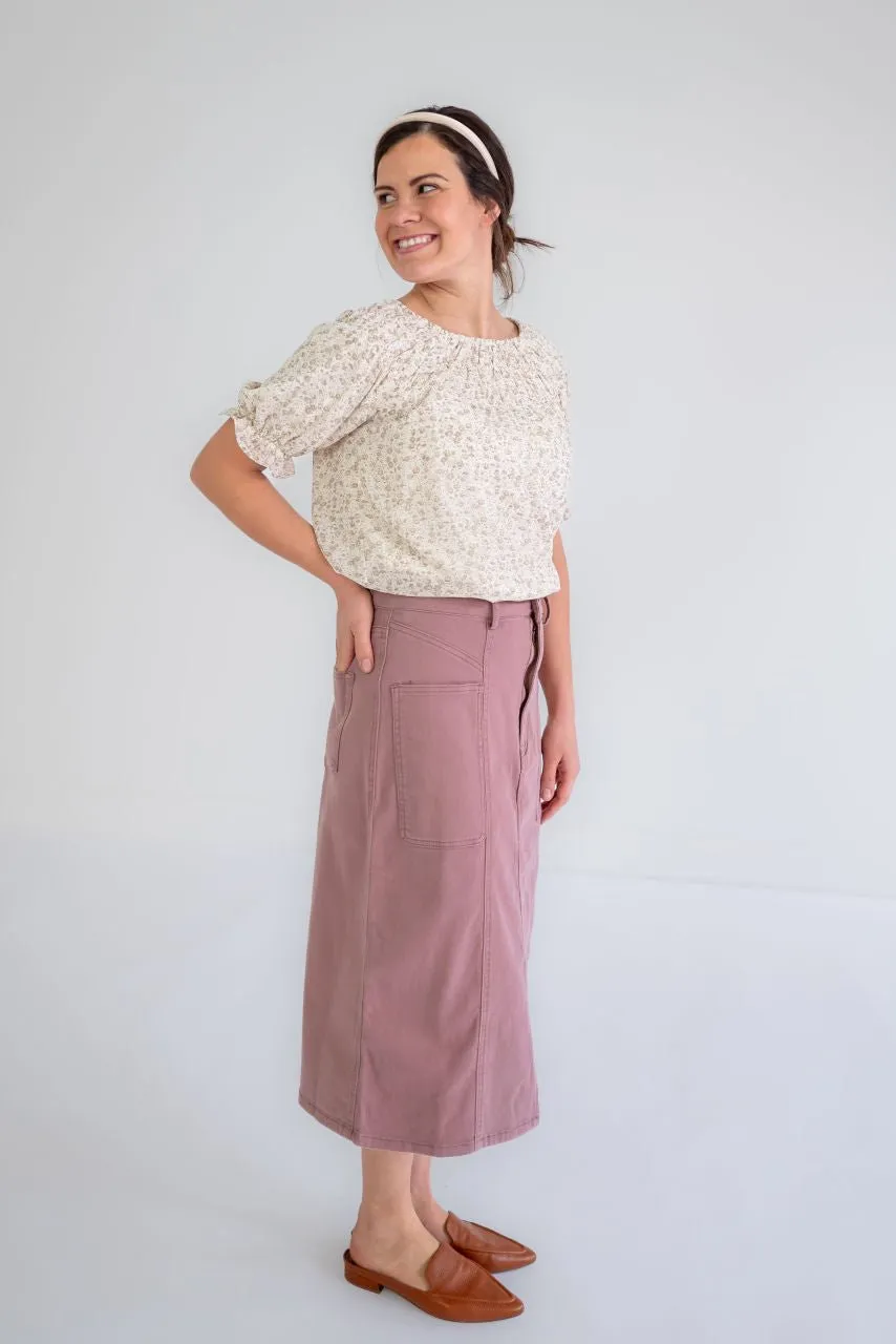 Hemsley Midi Denim Skirt in Muted Rosewood - FINAL SALE
