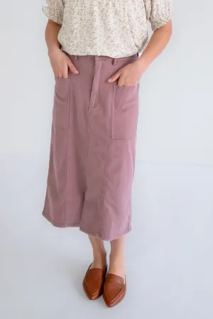 Hemsley Midi Denim Skirt in Muted Rosewood - FINAL SALE