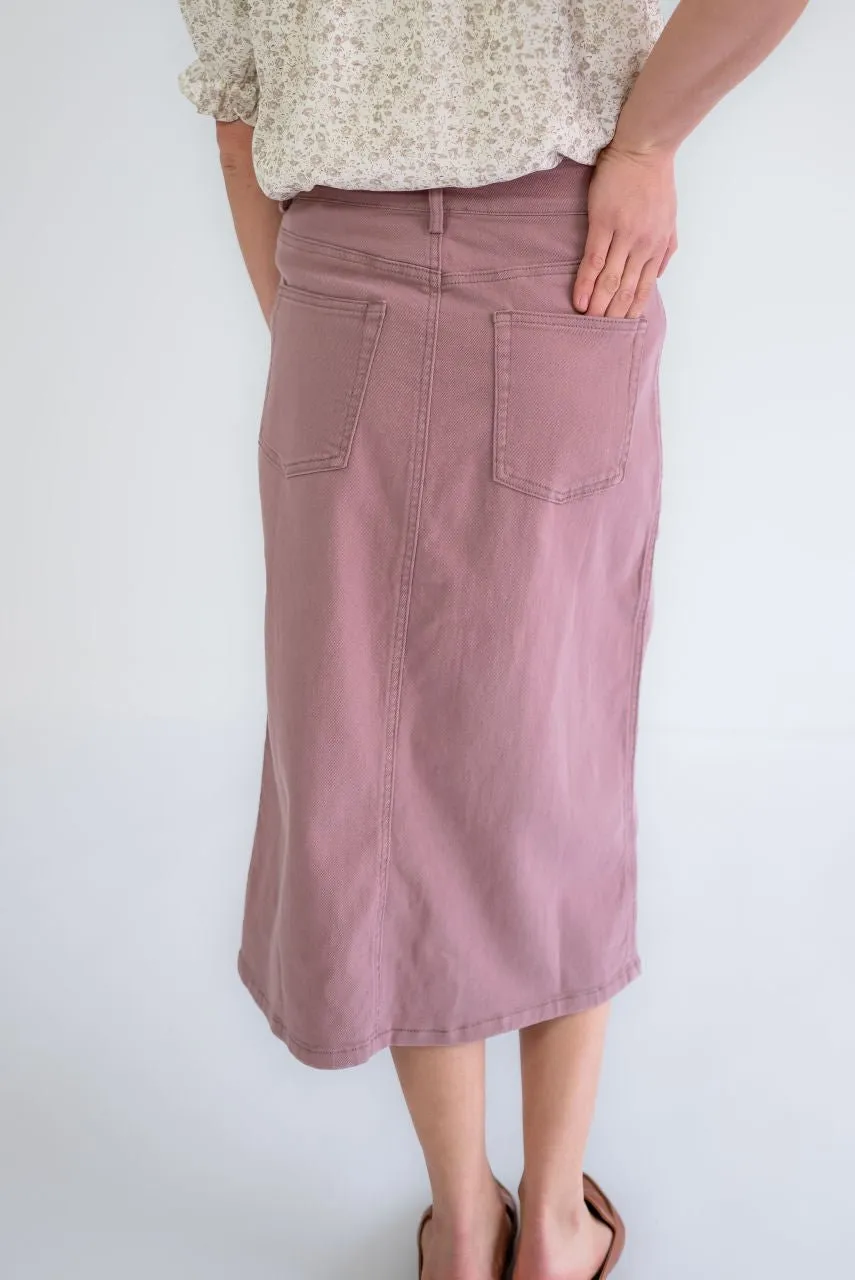 Hemsley Midi Denim Skirt in Muted Rosewood - FINAL SALE