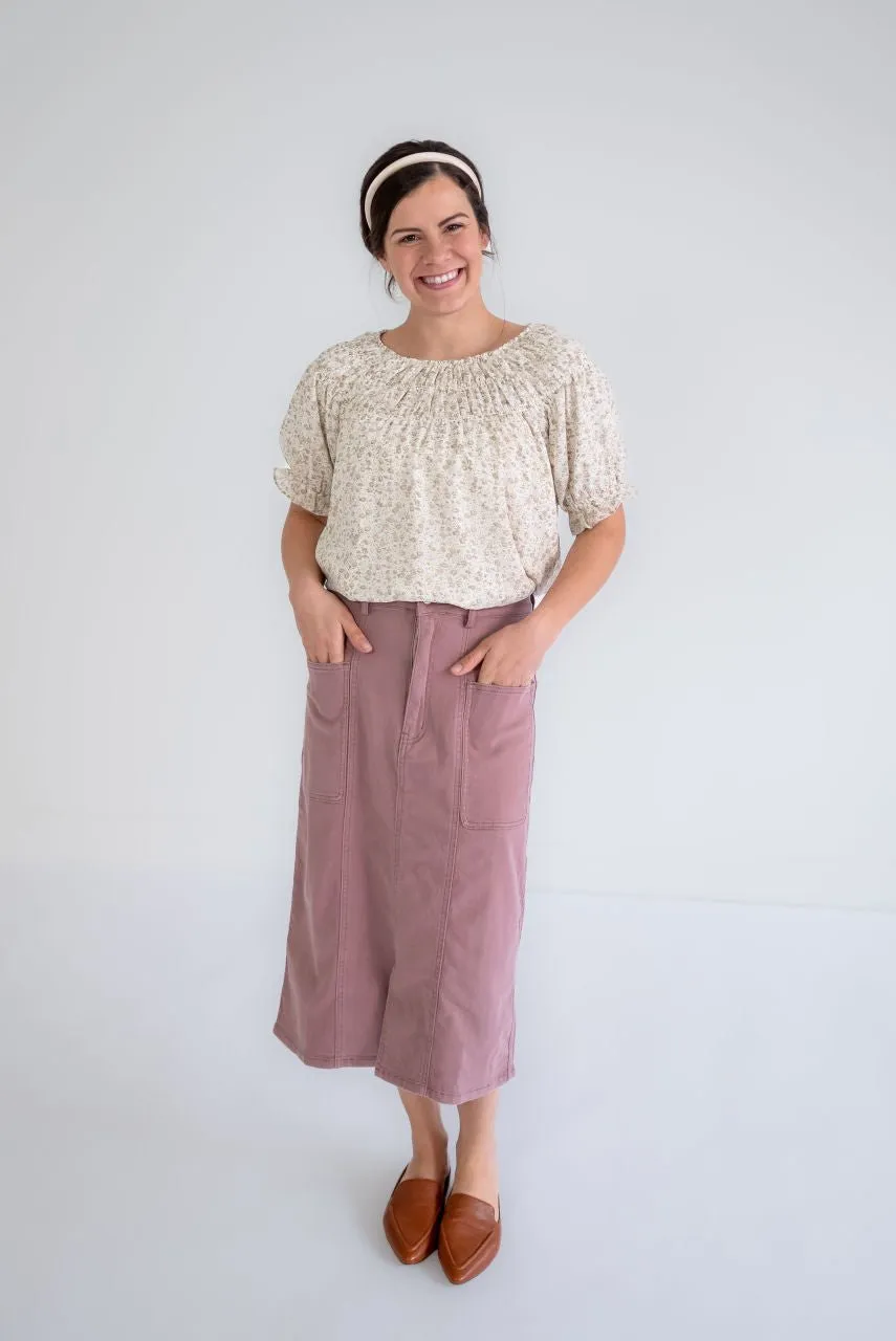 Hemsley Midi Denim Skirt in Muted Rosewood - FINAL SALE