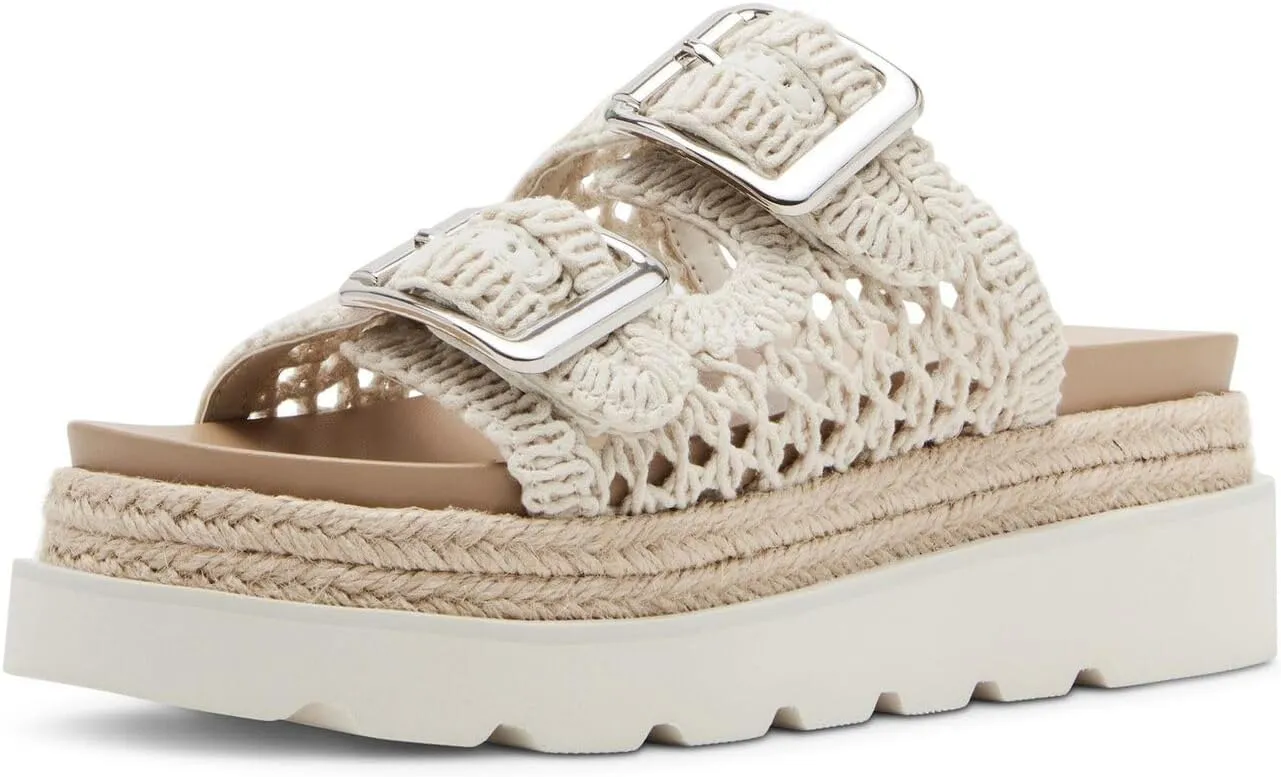JORISTIMO Women's Raffia Platform Sandals Round Toe Double Buckle Buckle Strap Slip-On Flat Woven Summer Beach Shoes