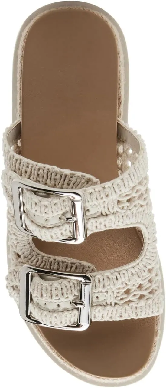 JORISTIMO Women's Raffia Platform Sandals Round Toe Double Buckle Buckle Strap Slip-On Flat Woven Summer Beach Shoes
