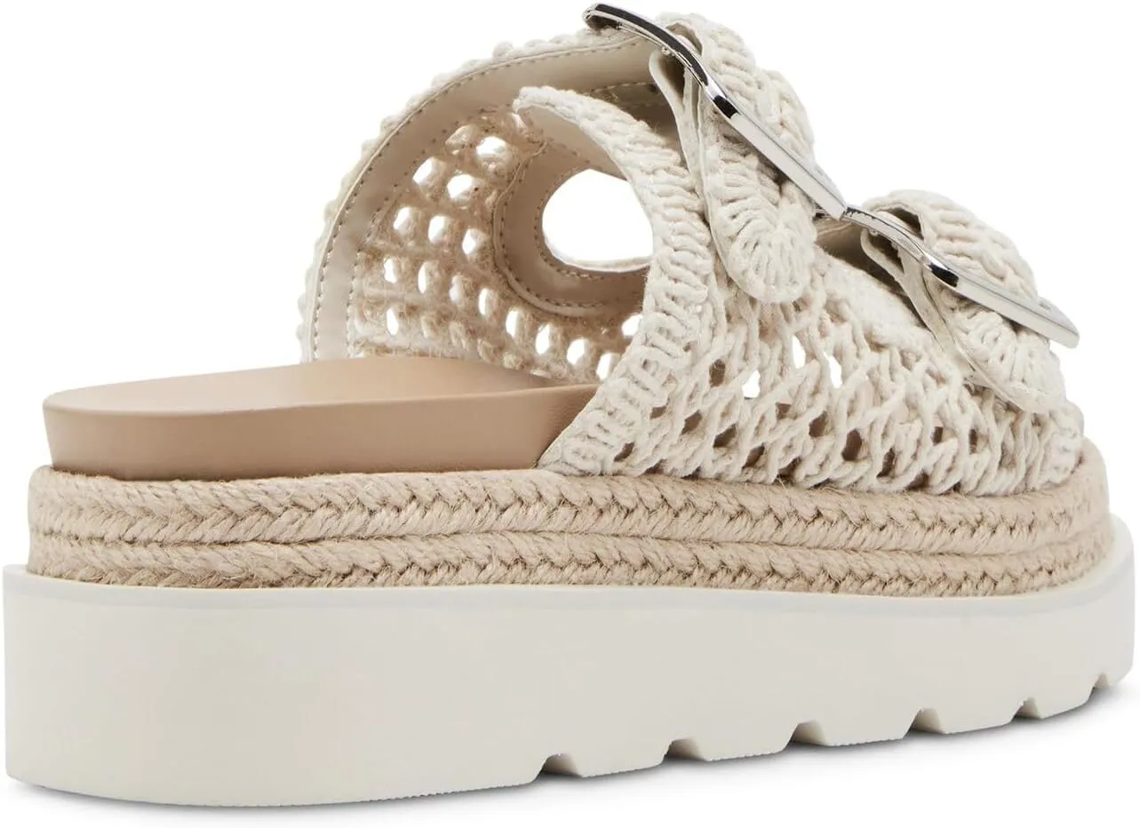 JORISTIMO Women's Raffia Platform Sandals Round Toe Double Buckle Buckle Strap Slip-On Flat Woven Summer Beach Shoes
