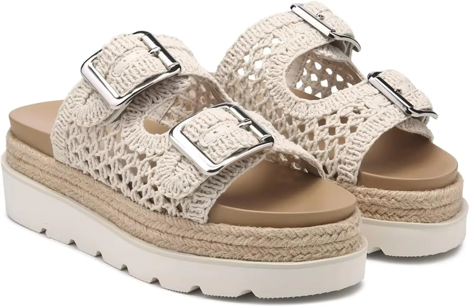JORISTIMO Women's Raffia Platform Sandals Round Toe Double Buckle Buckle Strap Slip-On Flat Woven Summer Beach Shoes