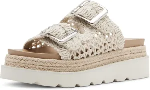 JORISTIMO Women's Raffia Platform Sandals Round Toe Double Buckle Buckle Strap Slip-On Flat Woven Summer Beach Shoes