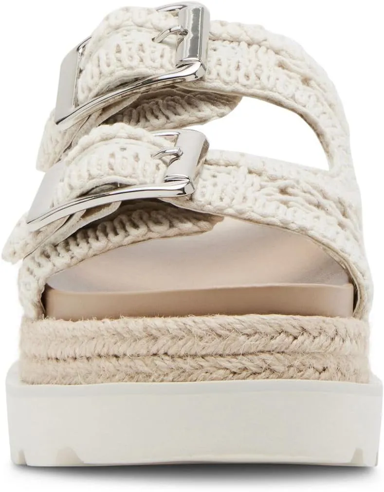 JORISTIMO Women's Raffia Platform Sandals Round Toe Double Buckle Buckle Strap Slip-On Flat Woven Summer Beach Shoes
