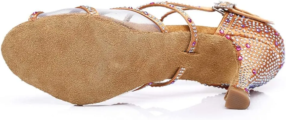 JUODVMP Ballroom Dance Shoes Women Latin Dance Shoes with Rhinestone