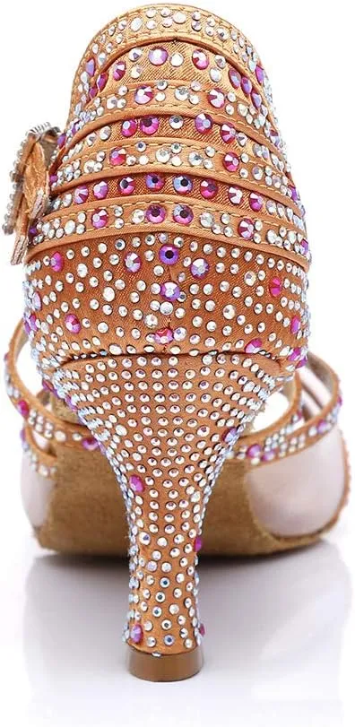 JUODVMP Ballroom Dance Shoes Women Latin Dance Shoes with Rhinestone