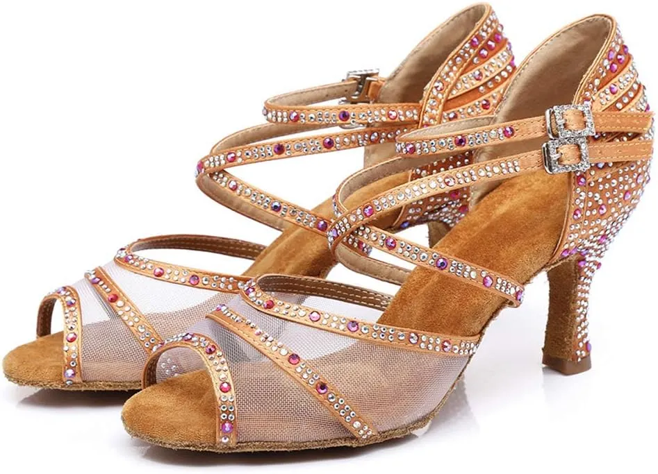 JUODVMP Ballroom Dance Shoes Women Latin Dance Shoes with Rhinestone