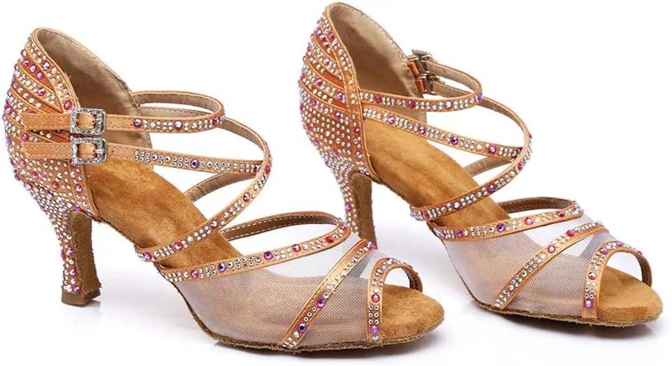 JUODVMP Ballroom Dance Shoes Women Latin Dance Shoes with Rhinestone